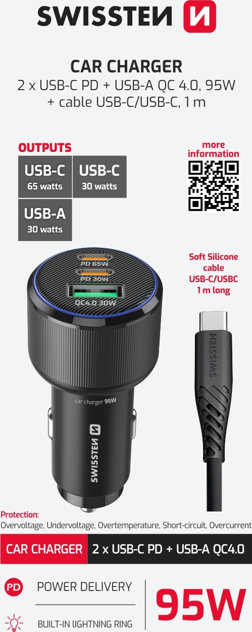 SWISSTEN CL ADAPTÉR 2x USB-C PD + USB-A, 95W ČERNÝ + KABEL USB-C / USB-C, 1 M