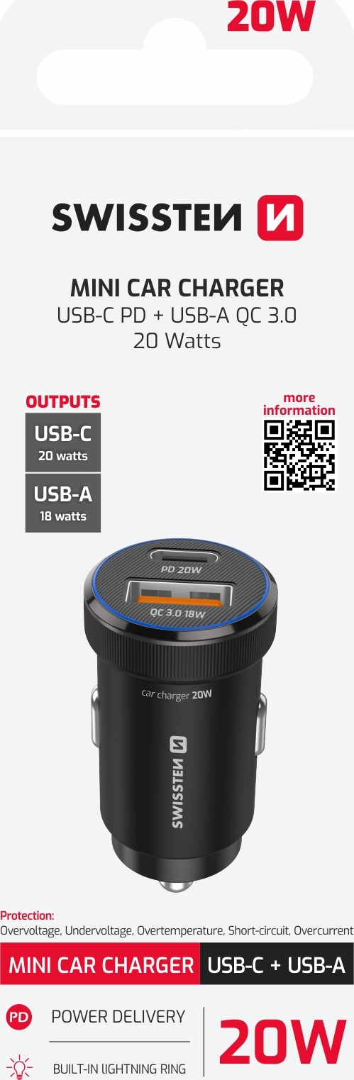 SWISSTEN CL ADAPTÉR PD USB-C PD + USB-A, 20W ČERNÝ