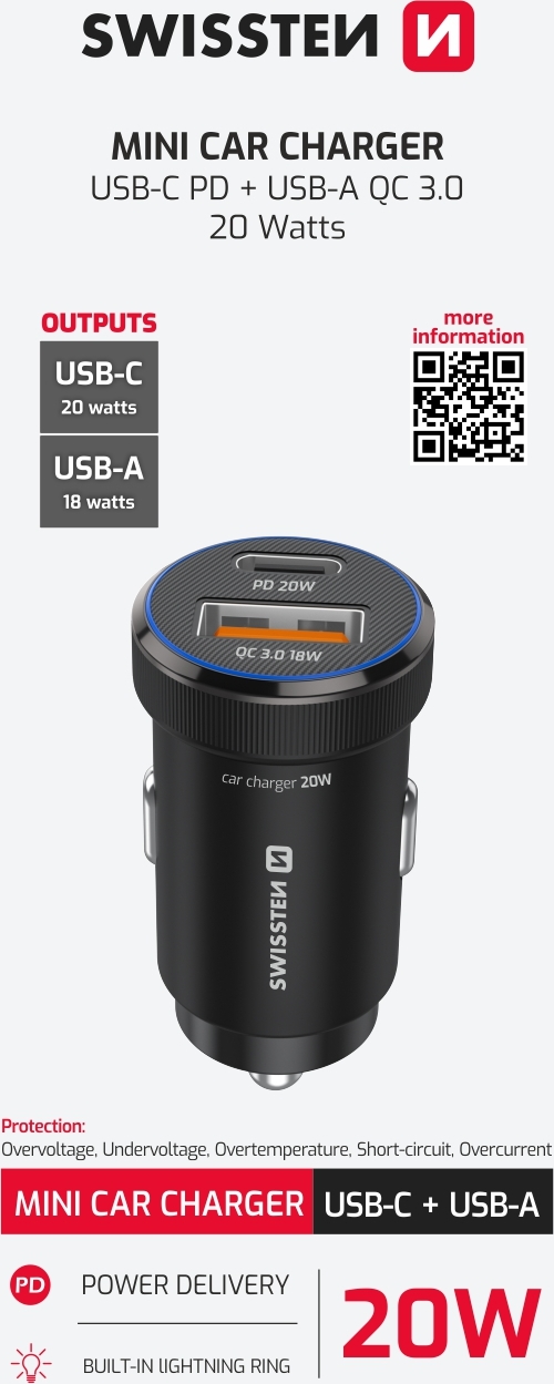 SWISSTEN CL ADAPTÉR PD, USB-C PD + USB-A, 20W ČERNÝ