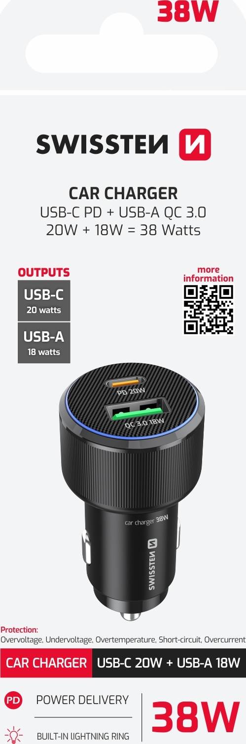 SWISSTEN CL ADAPTÉR USB-C PD + USB-A, 38W ČERNÝ