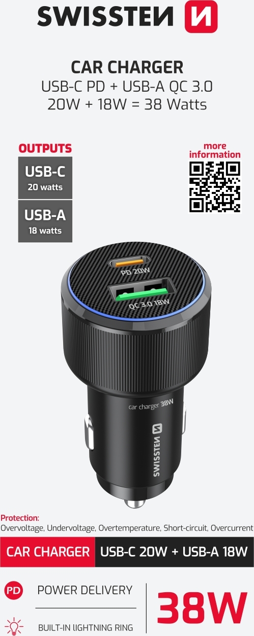 SWISSTEN CL ADAPTÉR USB-C PD + USB-A, 38W ČERNÝ
