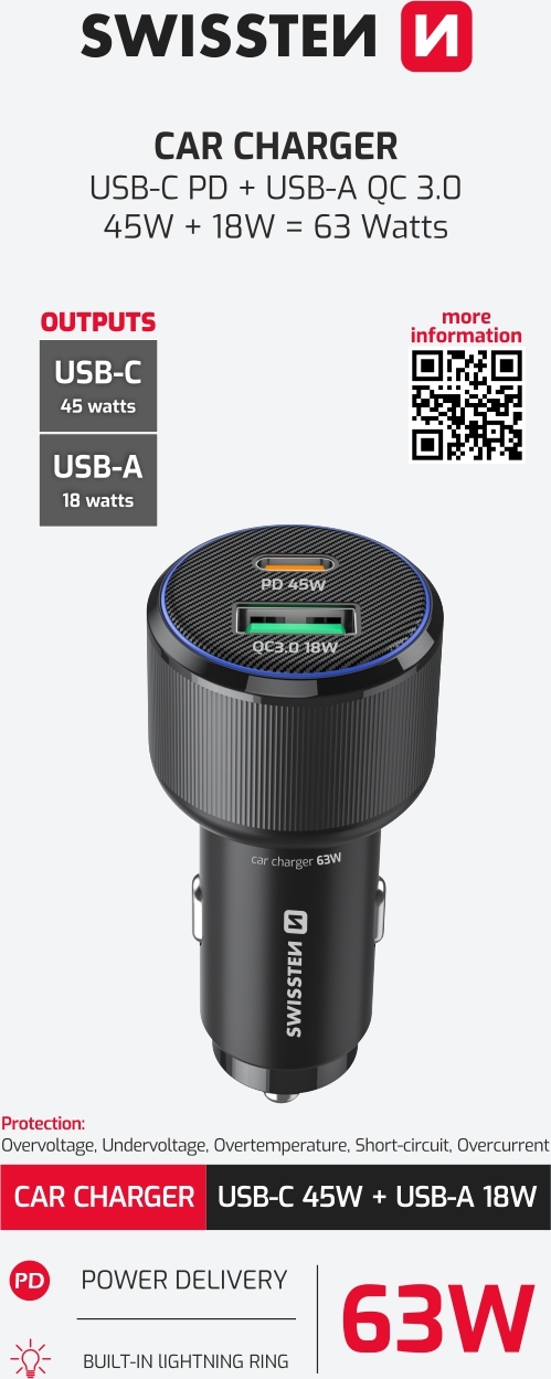 SWISSTEN CL ADAPTÉR USB-C PD + USB-A, 63W ČERNÝ