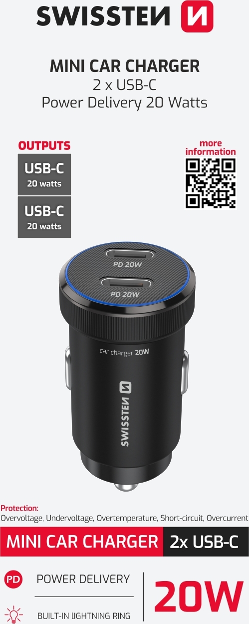 SWISSTEN CL ADAPTÉR 2x USB-C PD, 20W ČERNÝ