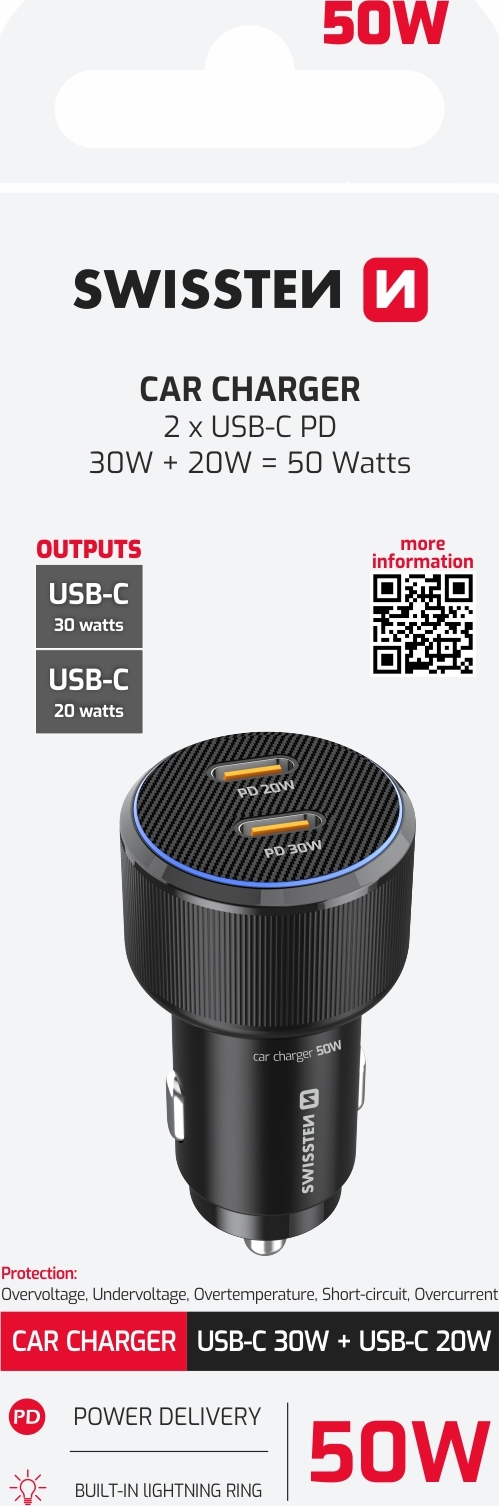 SWISSTEN CL ADAPTÉR 2x USB-C PD, 50W ČERNÝ