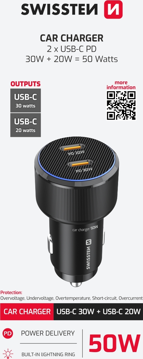 SWISSTEN CL ADAPTÉR 2x USB-C PD, 50W ČERNÝ