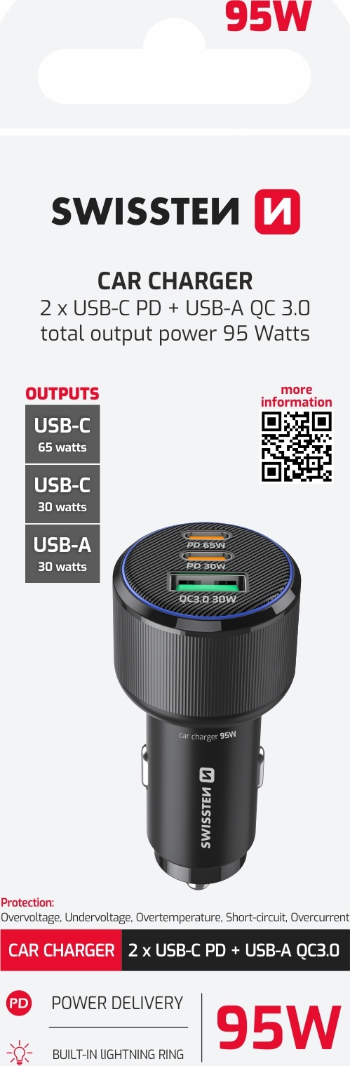 SWISSTEN CL ADAPTÉR 2x USB-C PD + USB-A, 95W ČERNÝ