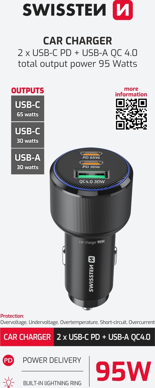 SWISSTEN CL ADAPTÉR 2x USB-C PD + USB-A, 95W ČERNÝ