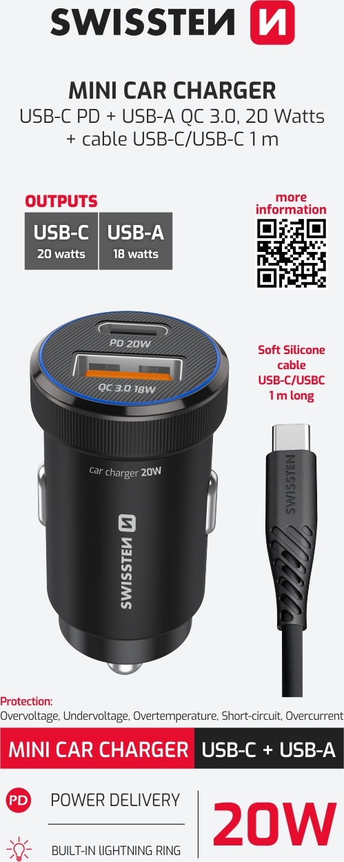 SWISSTEN CL ADAPTÉR USB-C PD + USB-A, 20W ČERNÝ + KABEL USB-C / USB-C, 1 M