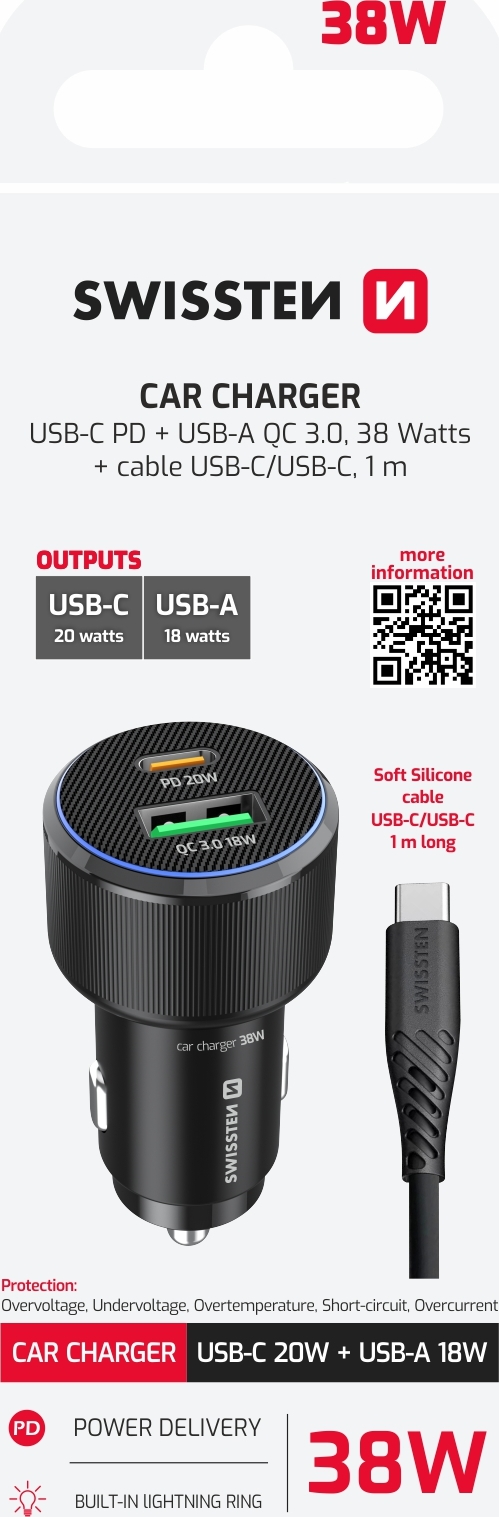 SWISSTEN CL ADAPTÉR USB-C PD + USB-A, 38W ČERNÝ + KABEL USB-C / USB-C, 1 M