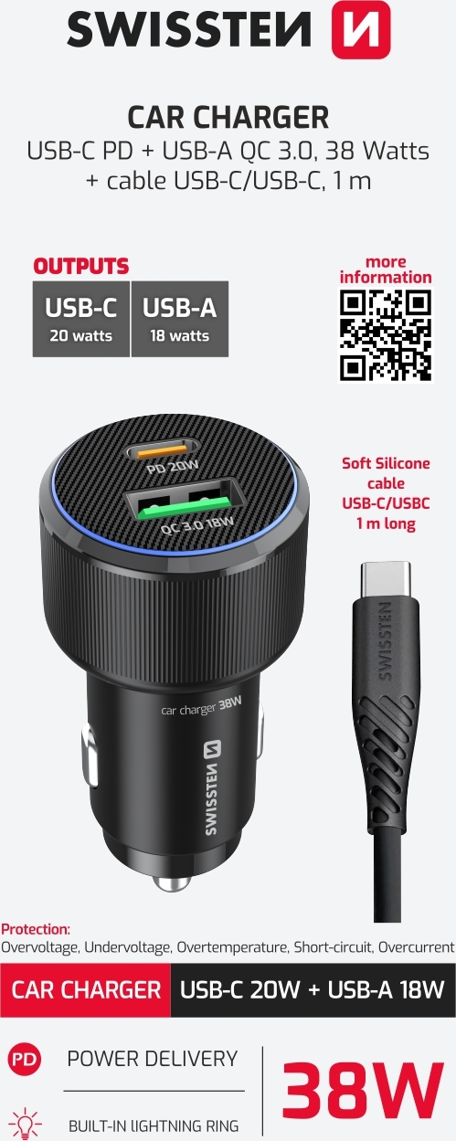 SWISSTEN CL ADAPTÉR USB-C PD + USB-A, 38W ČERNÝ + KABEL USB-C / USB-C, 1 M