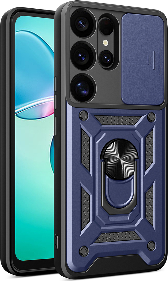 Hybridní kryt kamery s krytem kamery a kovovým kroužkem pro Samsung Galaxy S25 Ultra - modrý