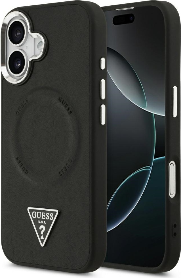 Guess Pouzdro Magsafe z PU kůže s trojúhelníkovým logem, stříbrné, kovové, s rámečkem pro fotoaparát, pro iPhone 17, černé