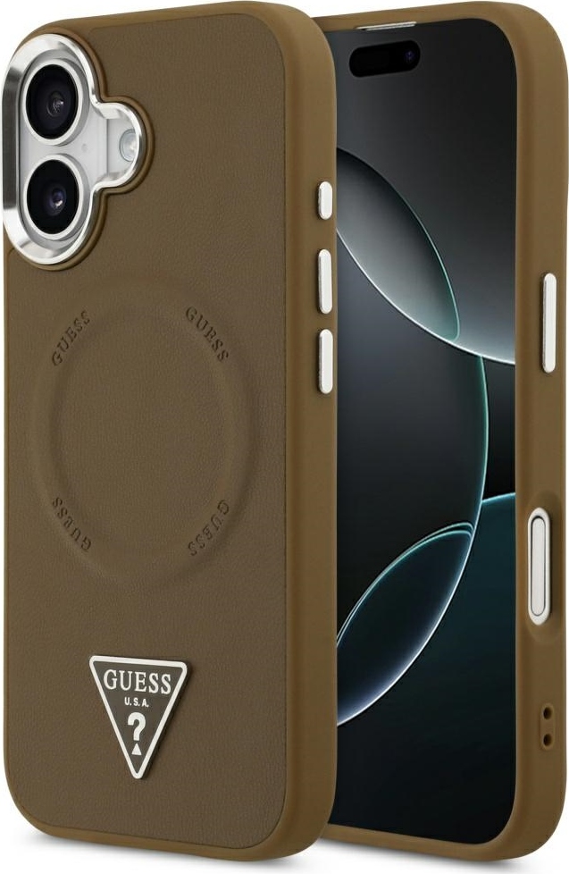 Guess Pouzdro Magsafe z PU kůže s trojúhelníkovým logem, stříbrné, kovové, s rámečkem pro fotoaparát, pro iPhone 17, hnědé