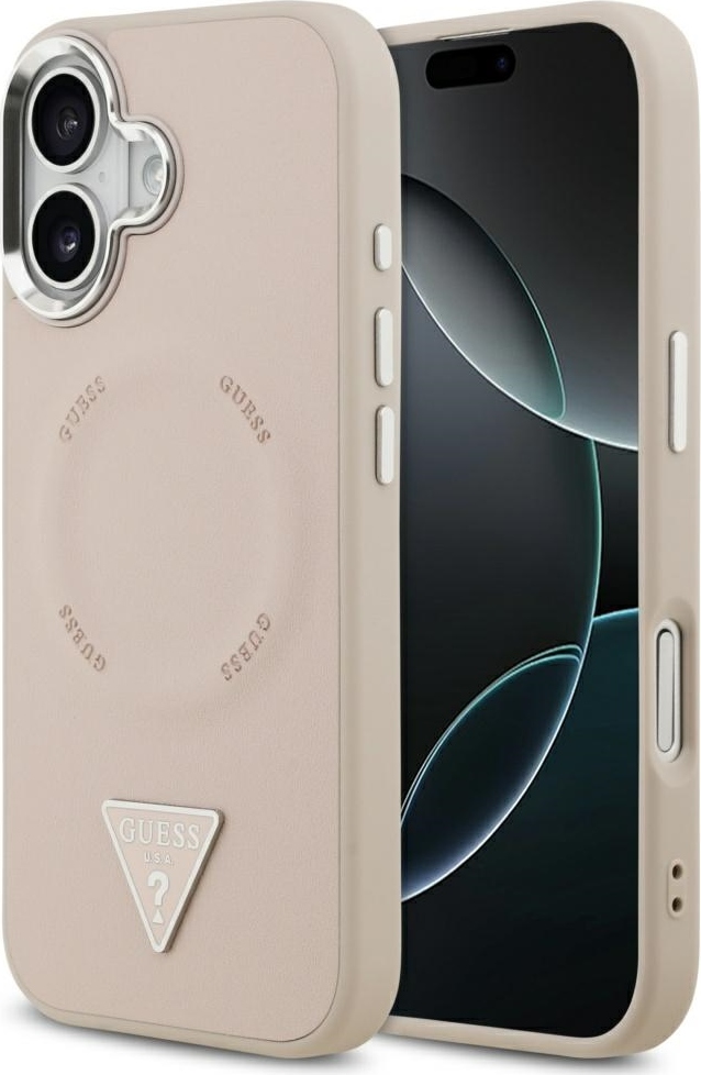 Pouzdro Guess Magsafe z umělé kůže s trojúhelníkovým logem, stříbrné, kovové, s rámečkem pro fotoaparát, pro iPhone 17, růžové