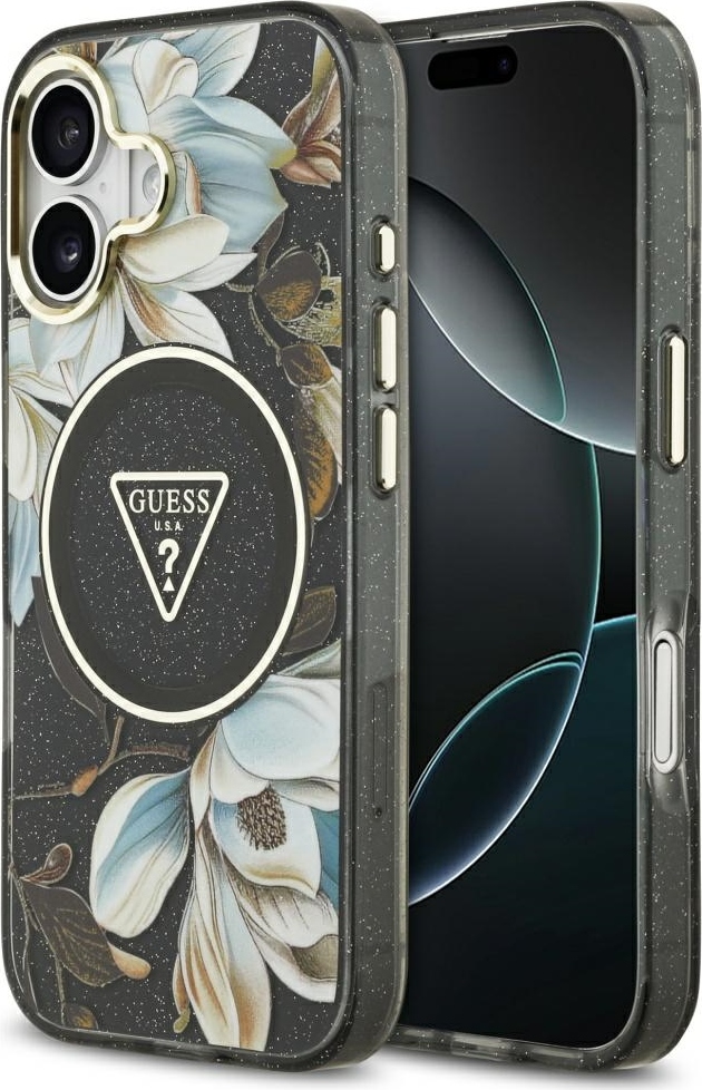 Pouzdro Guess Magsafe IML s třpytivými květinami a trojúhelníkem s kovovým rámečkem a tlačítky pro fotoaparát pro iPhone 17, černé