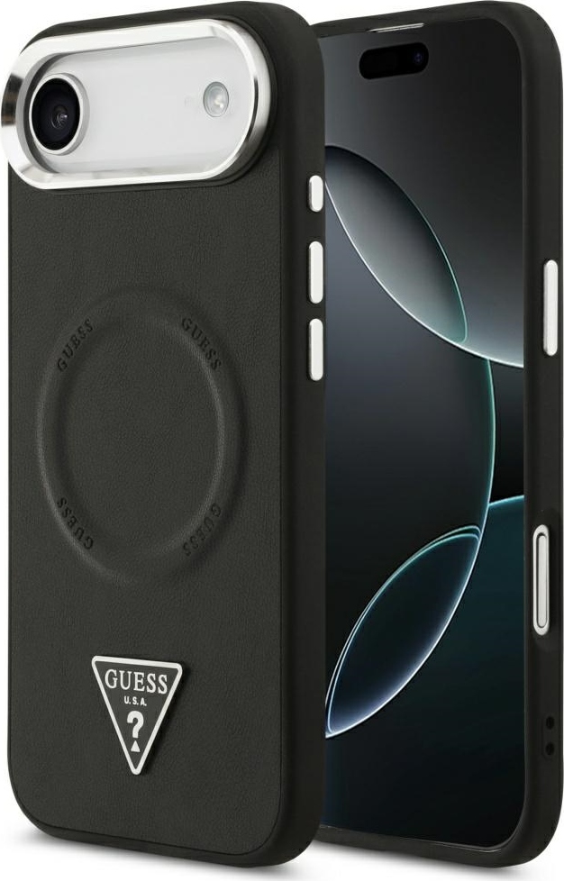 Guess Pouzdro Magsafe z PU kůže s trojúhelníkovým logem, stříbrné, kovové, s rámečkem pro fotoaparát, pro iPhone 17 Air, černé