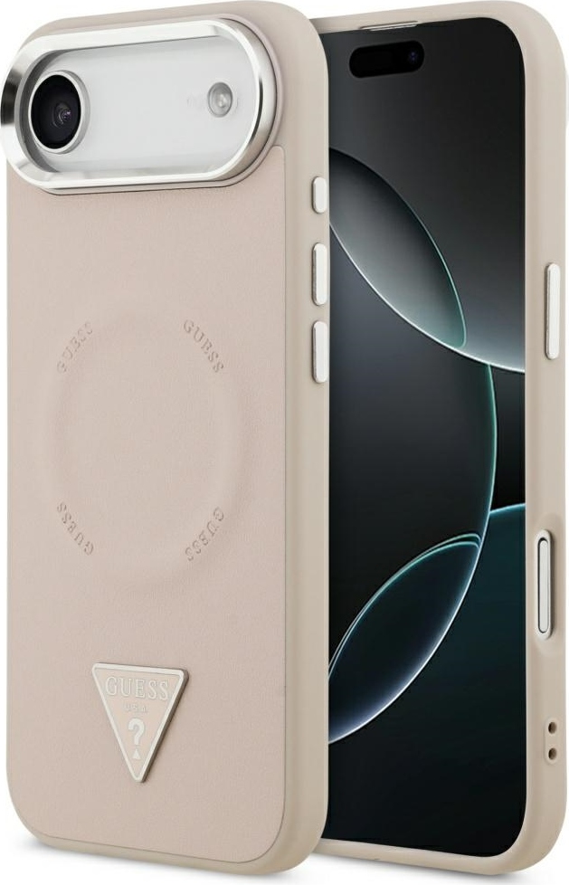 Guess Pouzdro Magsafe z umělé kůže s trojúhelníkovým logem, stříbrné, kovové, s rámečkem pro fotoaparát, pro iPhone 17 Air, růžové