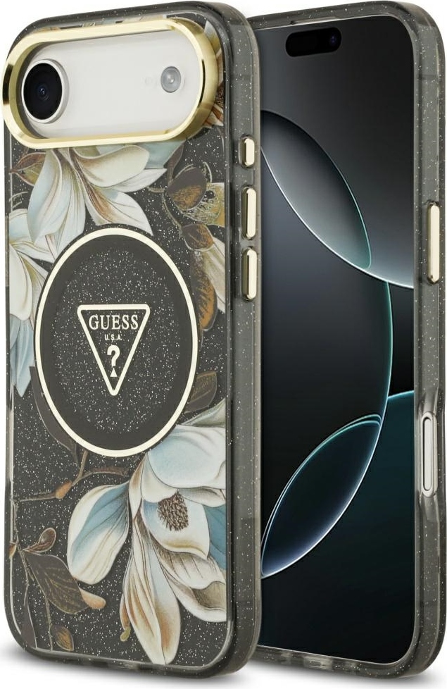 Pouzdro Guess Magsafe IML s třpytivými květinami a trojúhelníkem s kovovým rámečkem a tlačítky pro fotoaparát pro iPhone 17 Air, černé