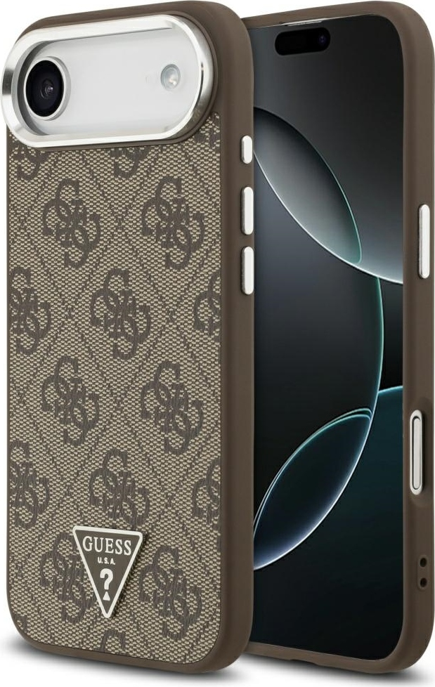 Pouzdro Guess MagSafe 4G z umělé kůže s trojúhelníkovým logem a stříbrným kovovým rámečkem pro fotoaparát pro iPhone 17 Air, hnědé