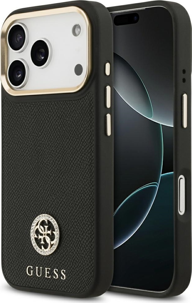 Pouzdro Guess Grained Strass Logo MagSafe pro iPhone 17 Pro - černé