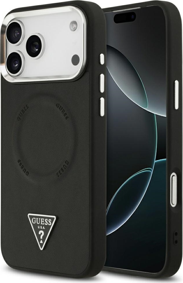 Guess Pouzdro Magsafe z PU kůže s trojúhelníkovým logem, stříbrné, kovové, s rámečkem pro fotoaparát, pro iPhone 17 Pro, černé