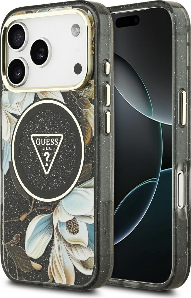 Pouzdro Guess Magsafe IML s třpytivými květinami a trojúhelníkem s kovovým rámečkem a tlačítky pro fotoaparát pro iPhone 17 Pro, černé
