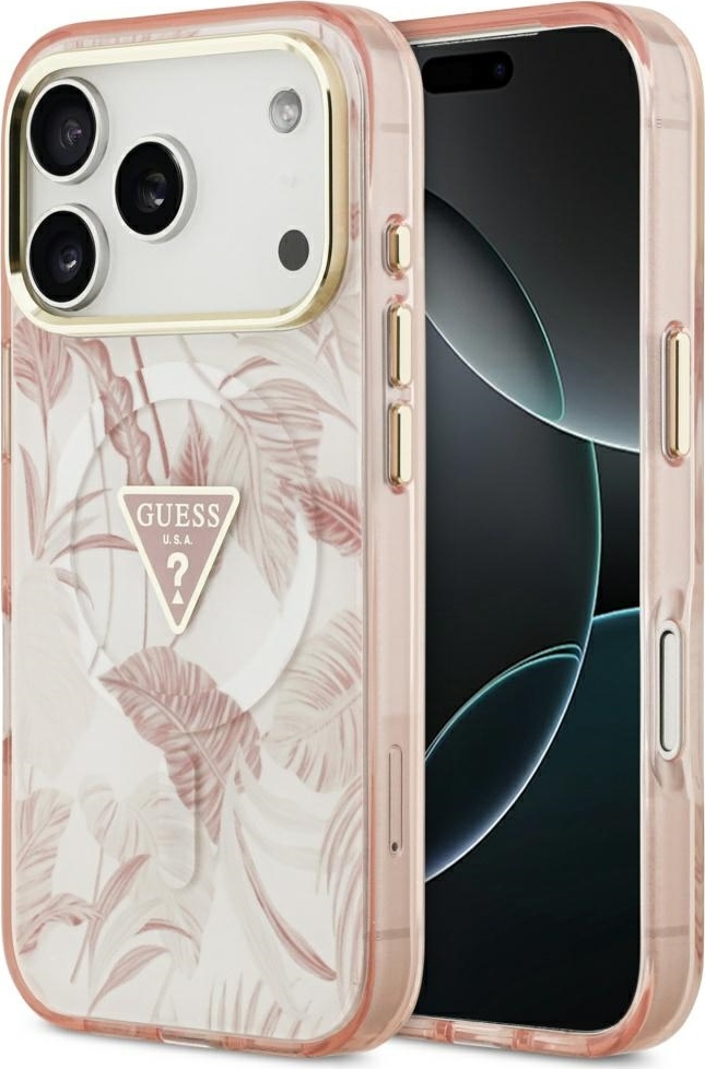 Guess Pouzdro MagSafe pro PC TPU s džunglovým vzorem, trojúhelníkovým potiskem loga a kovovým rámečkem fotoaparátu pro iPhone 17 Pro Max růžové