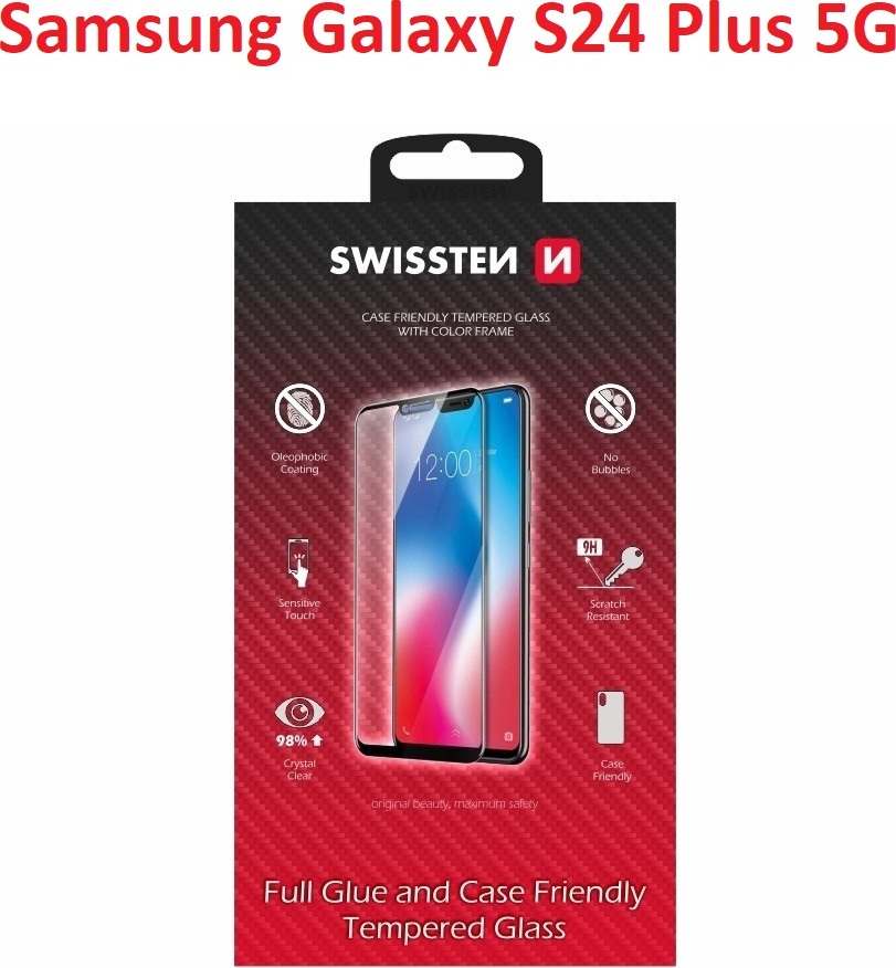 SKLO SWISSTEN FULL GLUE, COLOR FRAME, CASE FRIENDLY PRO SAMSUNG S926 GALAXY S24 PLUS 5G ČERNÉ