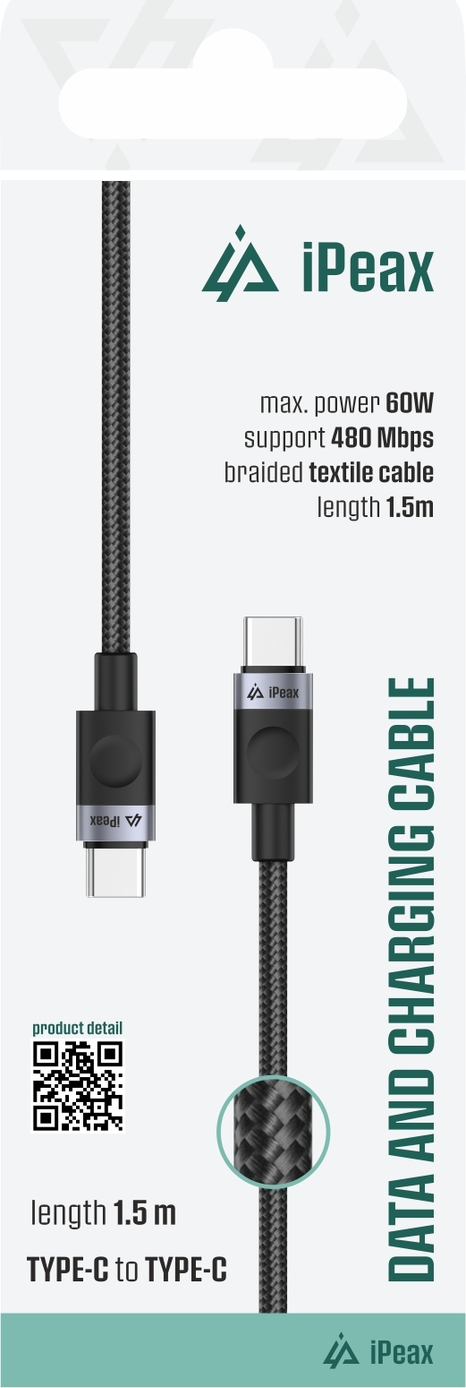 iPEAX TEXTILNÍ KABEL USB-C / USB-C 1,5M, USB 2.0 ČERNÝ