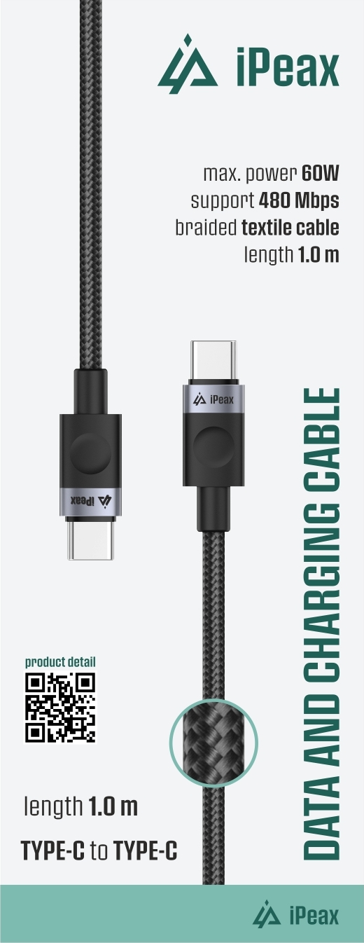 iPEAX TEXTILNÍ KABEL USB-C / USB-C 1M, USB 2.0 ČERNÝ
