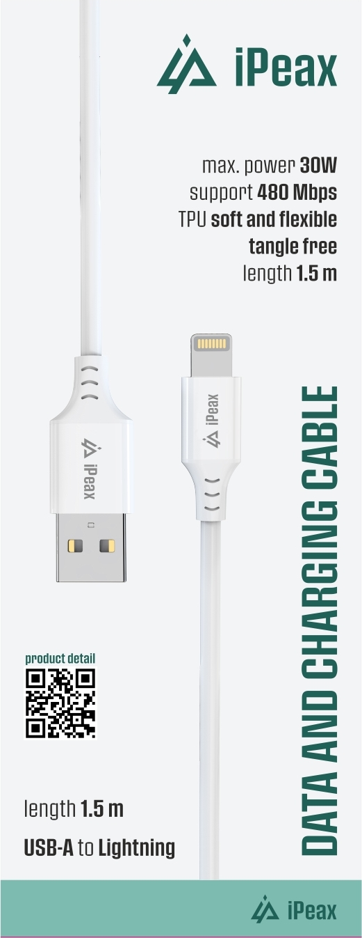 iPEAX TPU KABEL USB-A / LIGHTNING 1,5M, USB 2.0 BÍLÝ