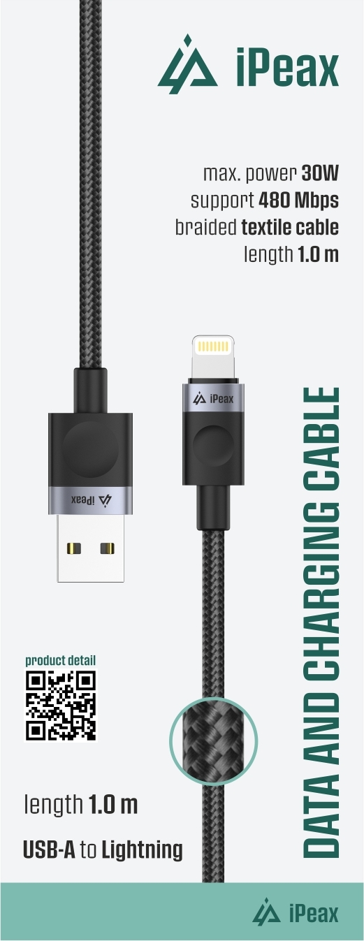 iPEAX TEXTILNÍ KABEL USB-A / LIGHTNING 1M, USB 2.0 ČERNÝ