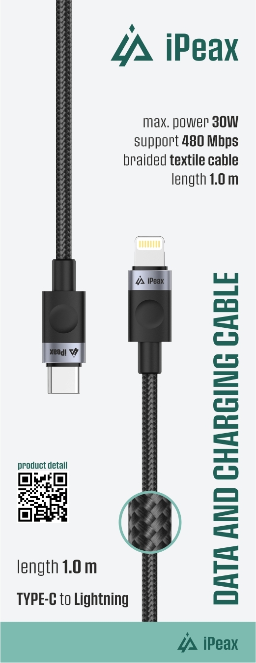iPEAX TEXTILNÍ KABEL USB-C / LIGHTNING 1M, USB 2.0 ČERNÝ