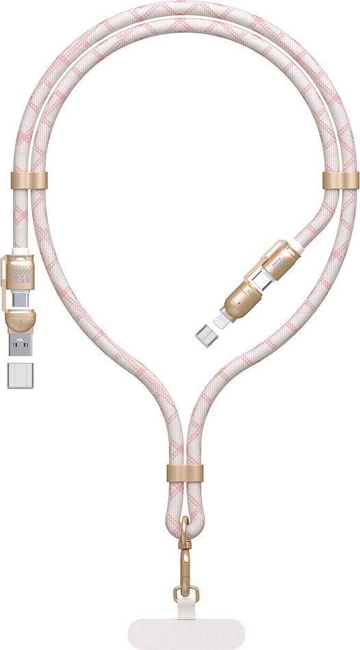 Dudao L20MAX 4v1 kabel / šňůrka na krk USB-A / USB-C / Lightning PD QC 65W 1,5m - růžový