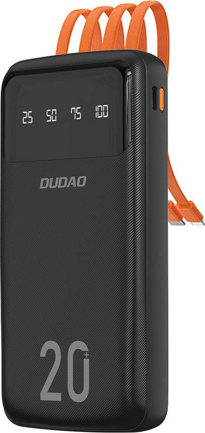 Dudao powerbanka s velkou kapacitou se 3 vestavěnými kabely 20000mAh USB Type-C + micro USB + Lightning černá (Dudao K6Pro+)