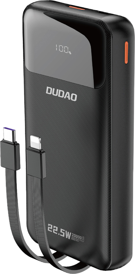 Powerbanka Dudao K15Pro 20000mAh 22,5W s USB-C / USB-A / vestavěnými kabely Lightning a USB-C - černá