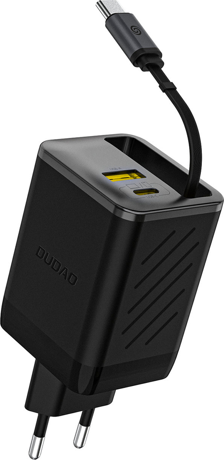 Dudao A67EU GaN 67W nástěnná nabíječka s vestavěným zatahovacím kabelem USB-C pro rychlé nabíjení - černá