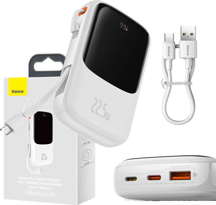 Powerbanka Baseus Qpow Pro s kabelem USB-C, USB-C, USB, 10000 mAh, 22,5 W (bílá)