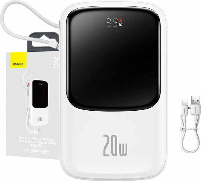 Baseus Qpow Digital Display Power Bank with Fast Charging 10000mAh 20W QC/PD/SCP/FCP with Built-in Lightning Cable White