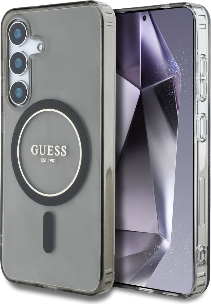 Pouzdro Guess Glitter Circle Classic Logo MagSafe pro Samsung Galaxy S25 černé