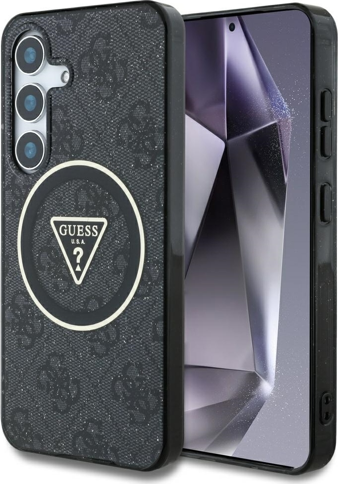 Pouzdro Guess HC Magnetic IML Metal Glitter 4G Circle Triangle pro Samsung Galaxy S25 černé