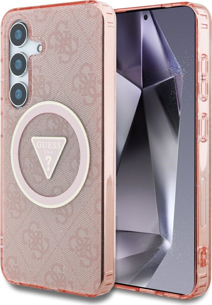 Pouzdro Guess HC Magnetic IML Metal Glitter 4G Circle Triangle pro Samsung Galaxy S25 růžové