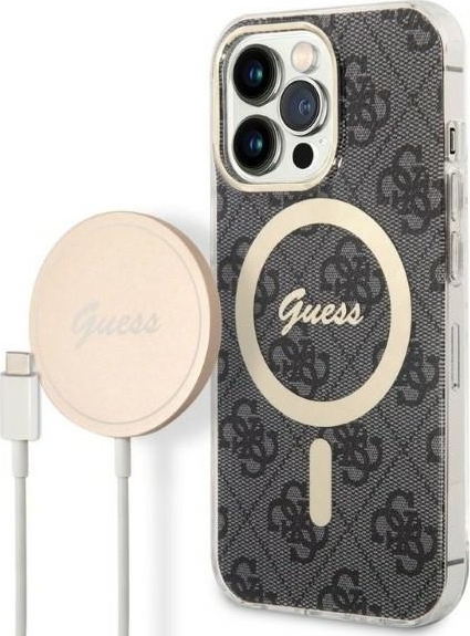 Guess set case + charger for iPhone 13 Pro 6,1" GUBPP13LH4EACSK black hard case 4G Print MagSafe
