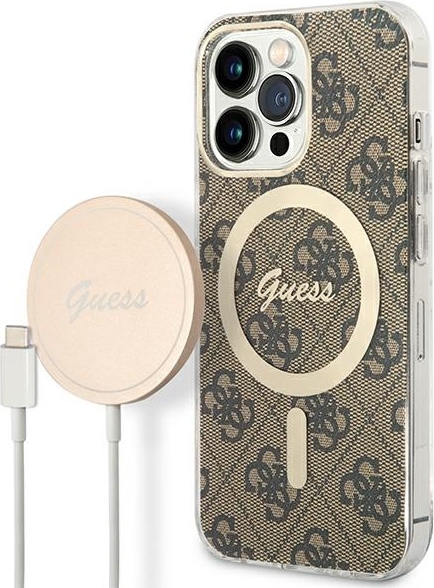Sada Guess GUBPP13LH4EACSW pouzdro + nabíječka pro iPhone 13 Pro hnědé/hnědé pevné pouzdro 4G s potiskem MagSafe