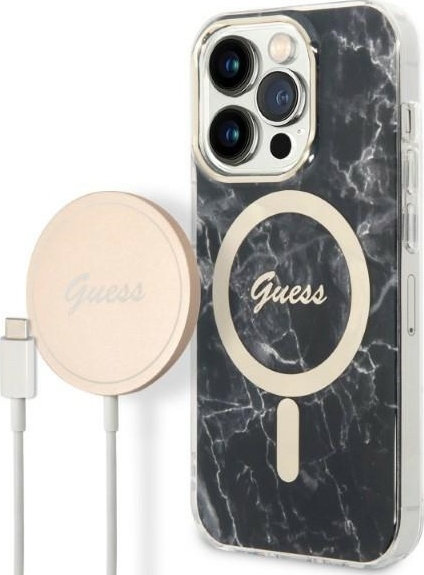 Sada Guess GUBPP14LHMEACSK pouzdro + nabíječka pro iPhone 14 Pro 6.1" černá/černá tvrdá pouzdra Marble MagSafe