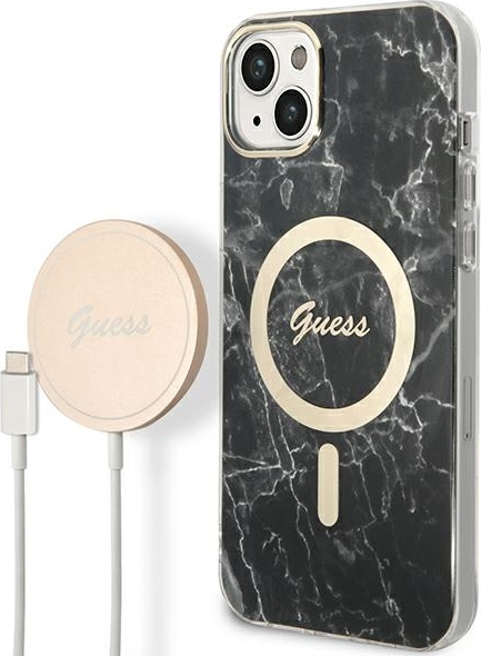 Sada Guess GUBPP14SHMEACSK Pouzdro + nabíječka pro iPhone 14 6.1" černá/černá tvrdá pouzdra Marble MagSafe
