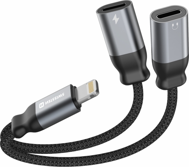 NABÍJECÍ AUDIO ADAPTÉR SWISSTEN TEXTILE LIGHTNING (samec) / 2x LIGHTNING (samice) 0,12 M ČERNÝ