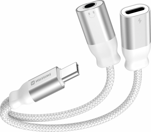 NABÍJECÍ AUDIO ADAPTÉR SWISSTEN TEXTILE USB-C (samec) / USB-C (samice) a 3,5mm AUX 0,12 M BÍLÝ