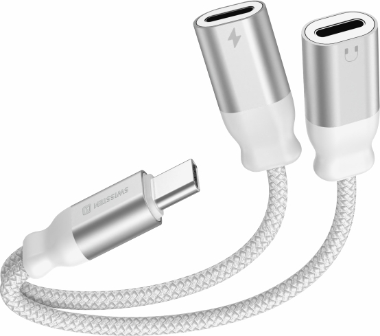 NABÍJECÍ AUDIO ADAPTÉR SWISSTEN TEXTILE USB-C (samec) / 2x USB-C (samice) 0,12 M BÍLÝ