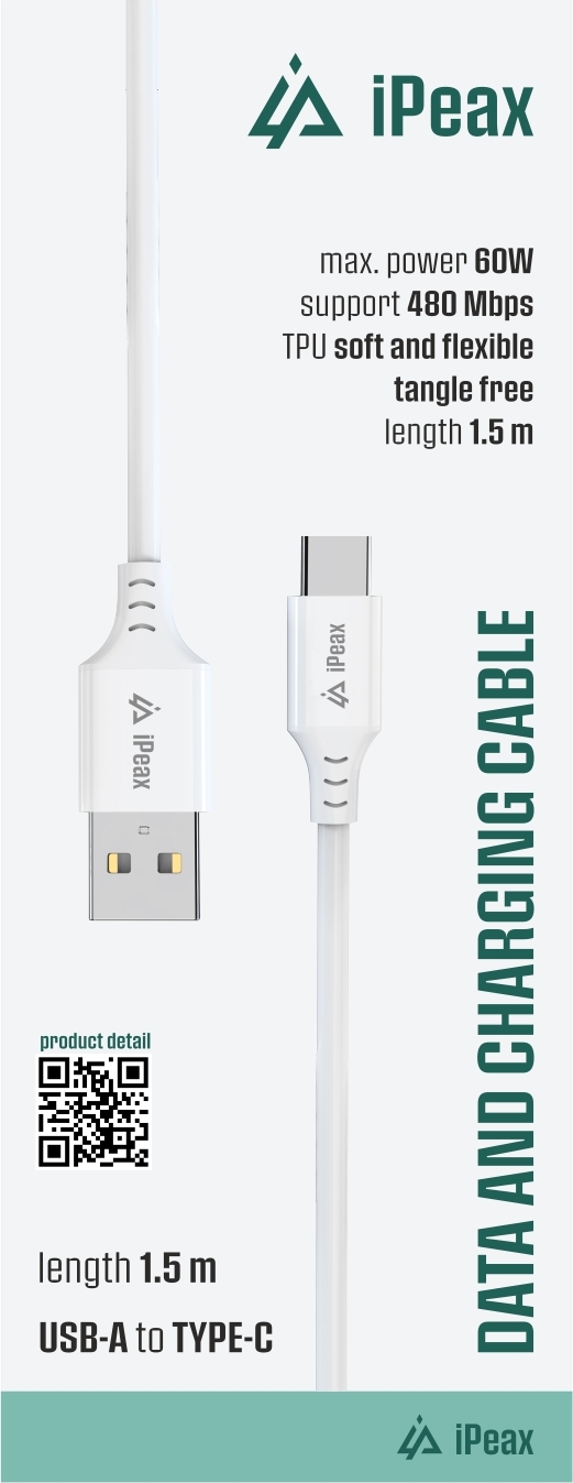 iPEAX TPU KABEL USB-A / USB-C 1,5M, USB 2.0 BÍLÝ